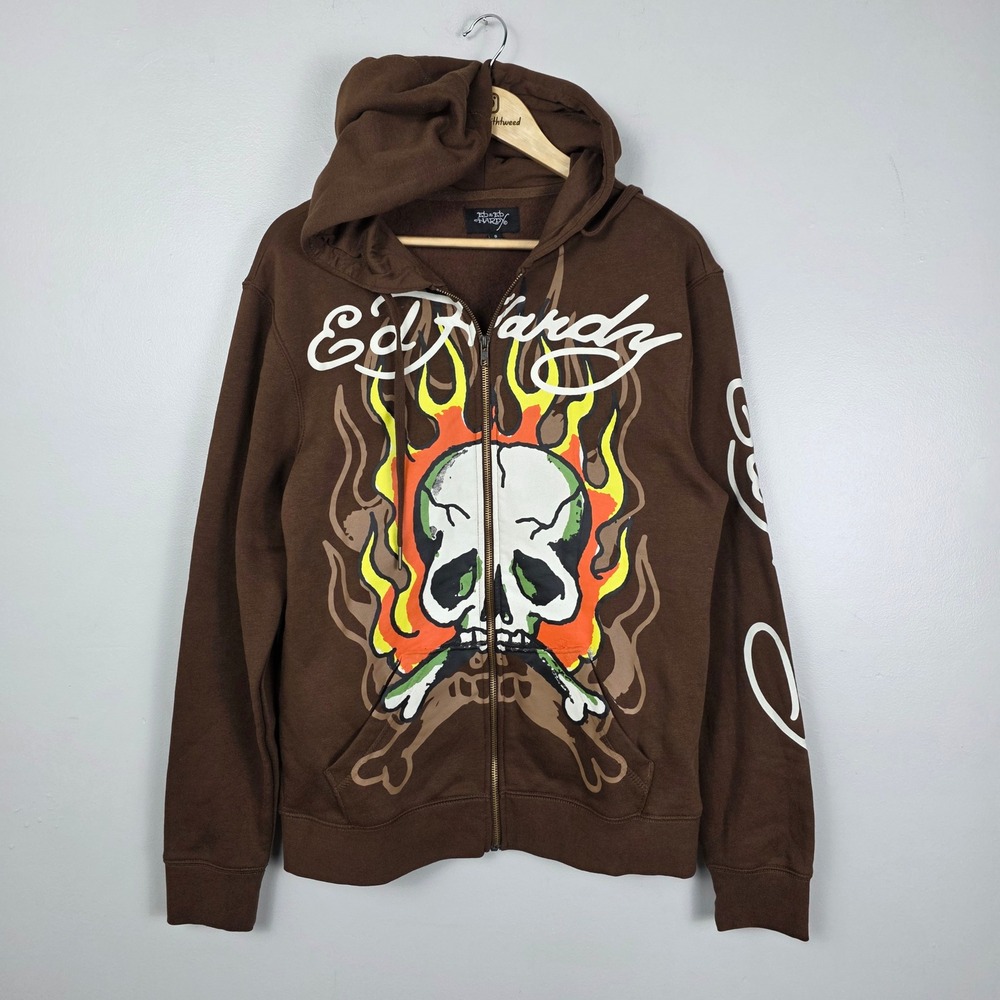 Ed Hardy Mens Brown Skull Flame Graphic Zip Up Hoodie Small